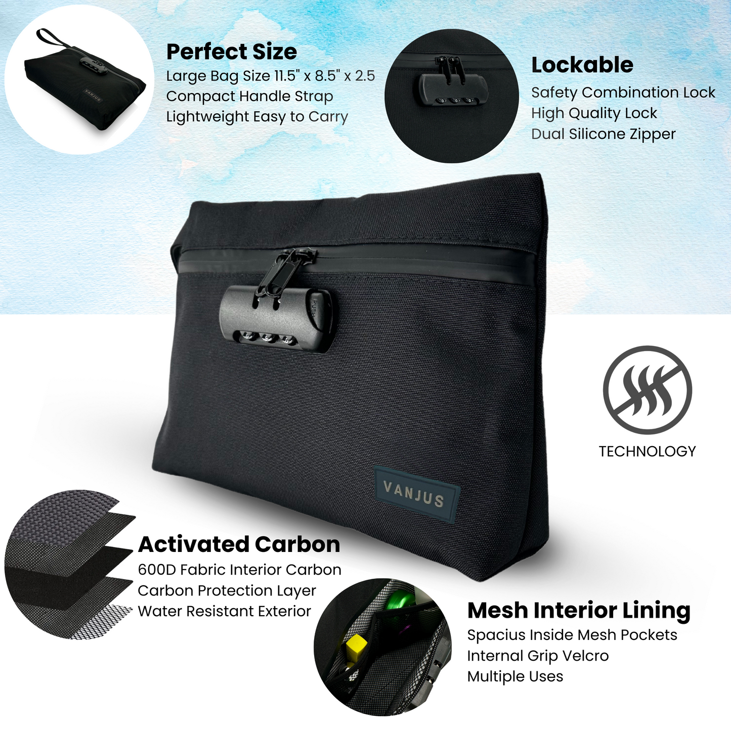 Smell Proof Bag with Combination Lock, Money Bag with Lock, Travel Organizer Bag (Black)