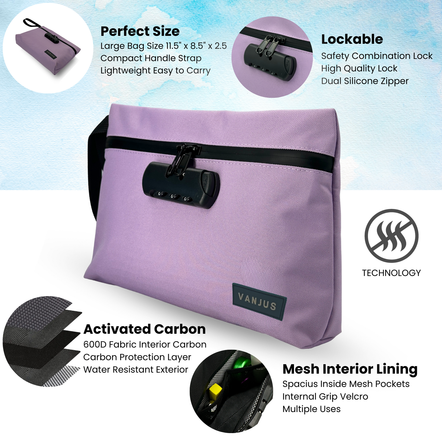 Smell Proof Bag with Combination Lock and Odor Proof Clutch Bundle, Travel Bag, Money Bag (Lilac-Gray)