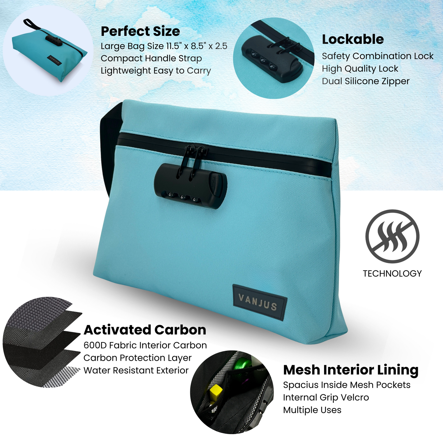 Smell Proof Bag with Combination Lock, Money Bag with Lock, Travel Organizer Bag (Blue)