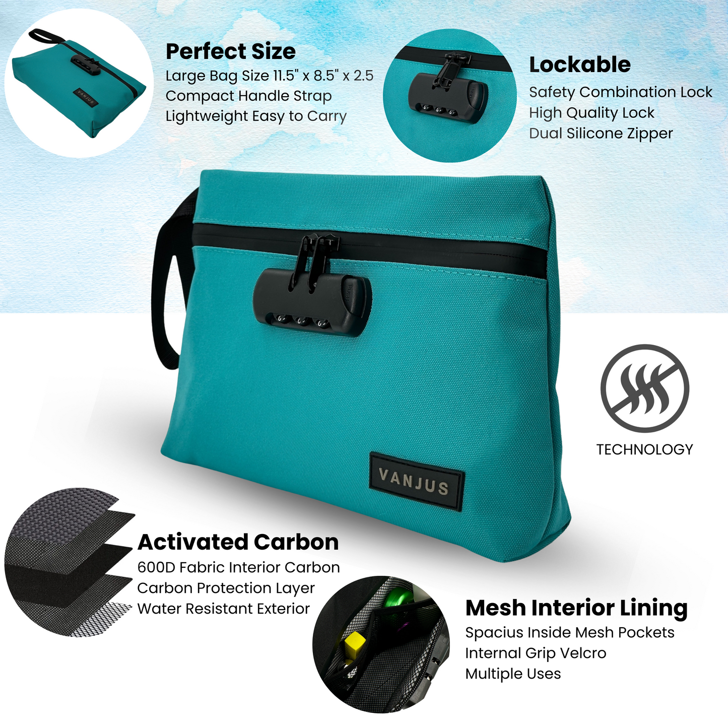 Smell Proof Bag with Combination Lock, Money Bag with Lock, Travel Organizer Bag(Jade)