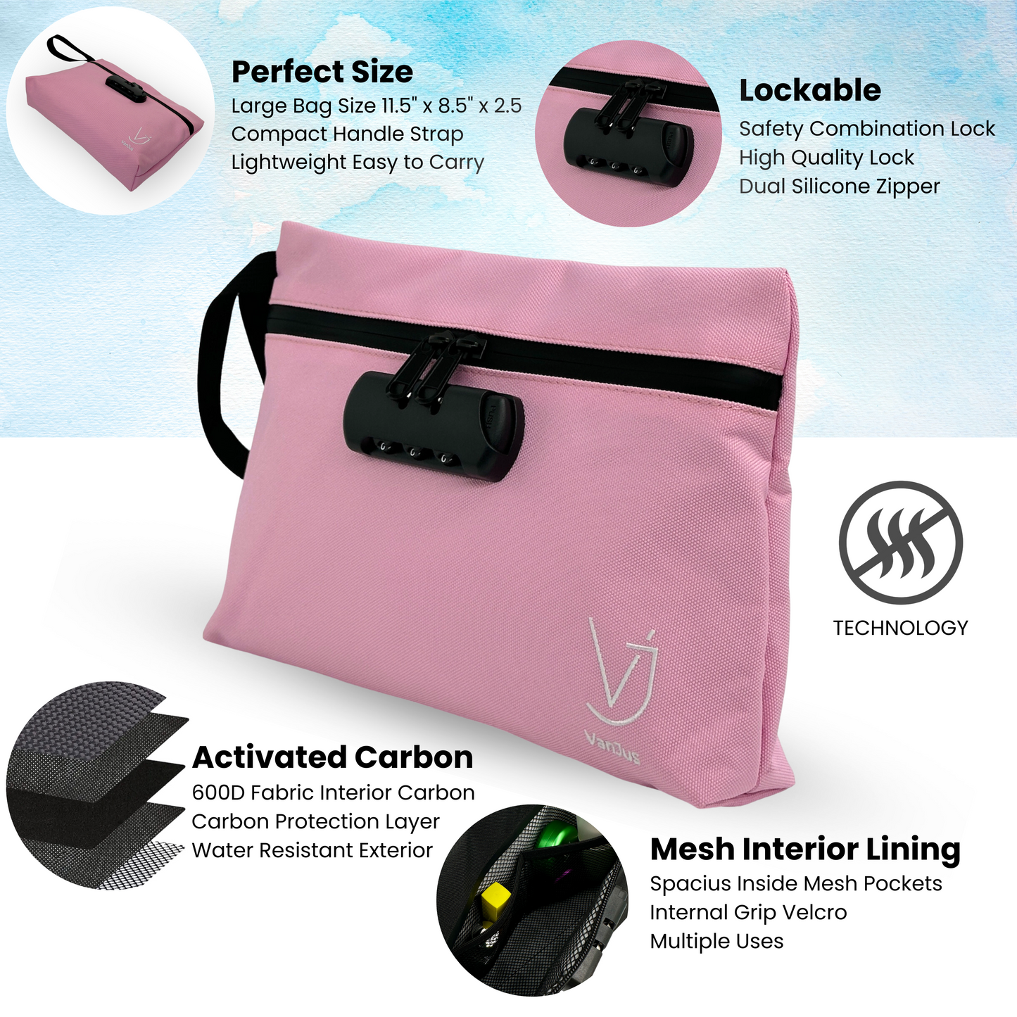 Smell Proof Bag with Combination Lock, Money Bag with Lock, Travel Organizer Bag for Women(Pink)