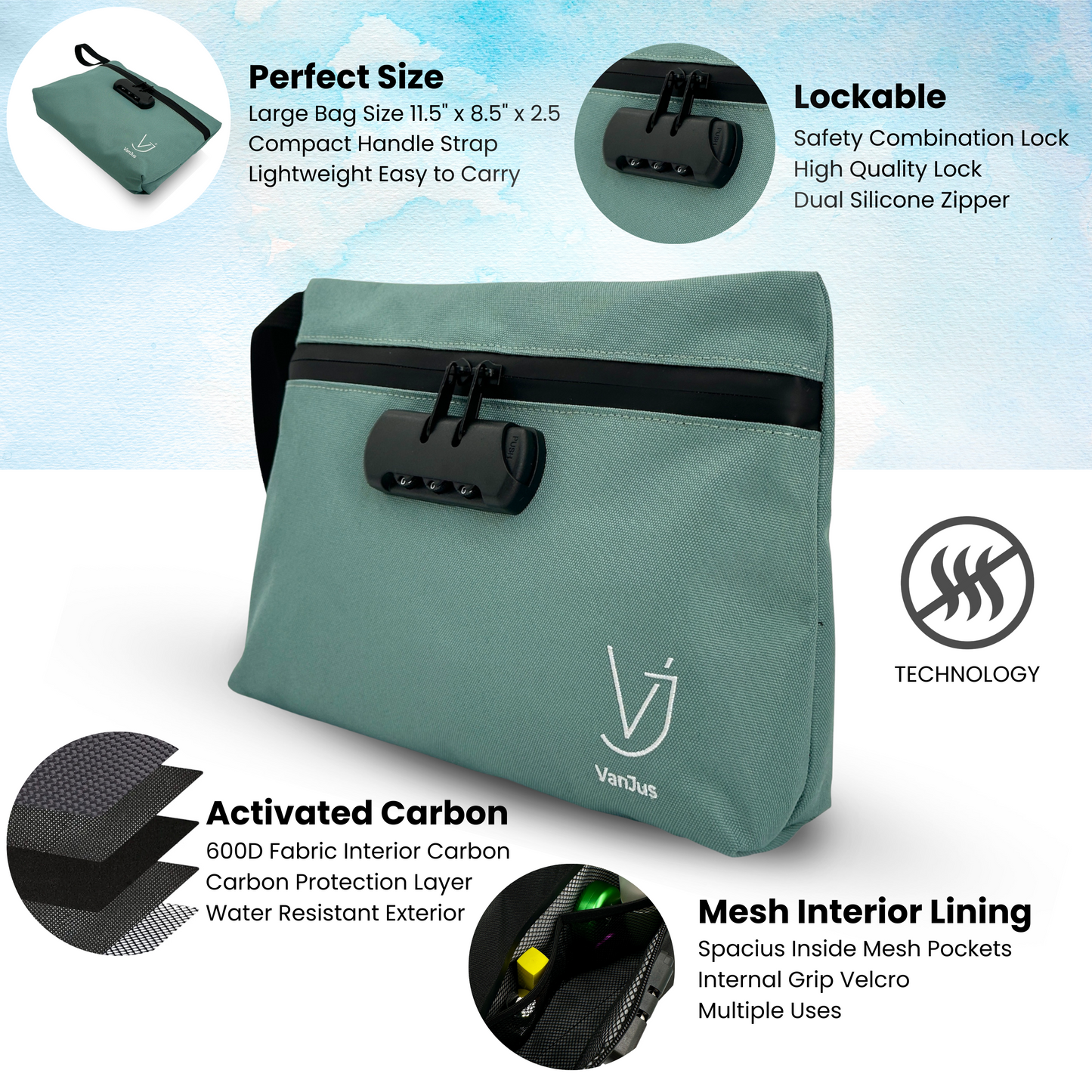 Smell Proof Bag with Combination Lock, Money Bag with Lock, Travel Organizer Bag (Green)